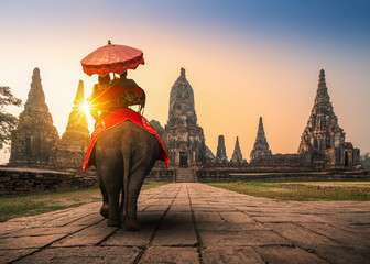 Tourists With an Elephant at Wat Chaiwatthanaram temple in Ayutthaya Historical Park, a UNESCO...