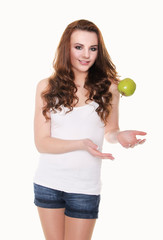 Healthy woman with apple diet smiling isolated on white.