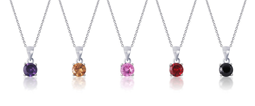 multi colored diamond pendant with necklace on white background