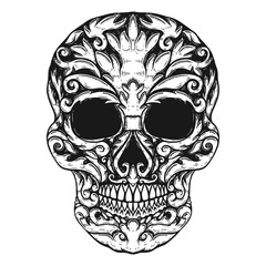 Hand Drawn Human Skull Made floral shapes. Design element for poster, t shirt.