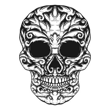 Hand Drawn Human Skull Made floral shapes. Design element for poster, t shirt.
