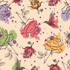 Roses and colibri seamless pattern