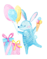 Cute cartoon watercolor greeting card with colorful bunny, gift, ice cream, balloons on white background