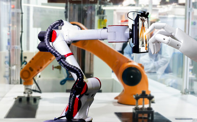 Robotic artificial automated manufacturing smart robot touch screen tablet wireless.