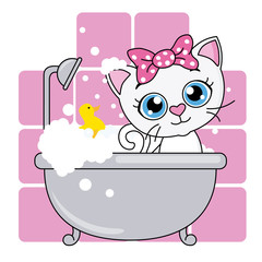 Naklejka premium baby shower card. Cute cartoon cat in the bathroom on a pink background