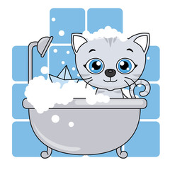 baby shower card. Cute cartoon cat in the bathroom on a bluebackground