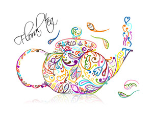 Teapot sketch with floral tea for your design