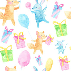Cute cartoon watercolor seamless pattern with colorful gifts, boxes, bunny, mouse, fox on white background