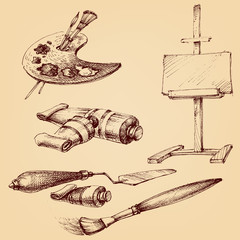 Naklejka premium Painter's and painting set, brushes, painter's palette, color tubes, easel and painting knife