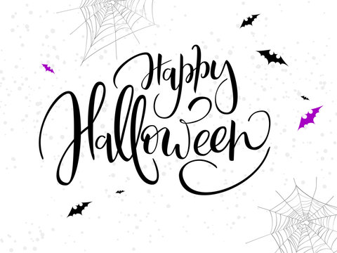 vector holiday happy halloween hand lettering label with bat, spider web and dots