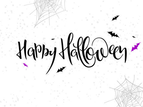 vector holiday happy halloween hand lettering label with bat, spider web and dots
