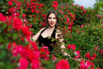 Portrait of  beautiful young woman in the rose garden, spring time, rose flowers blossoms.