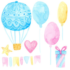 Cute cartoon watercolor set with colorful air balloons, gifts, boxes, garland, stars, heart isolated on white background