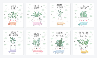 Vector poster collection with cute house plant in flower pot with scarf