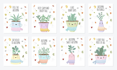 Vector poster collection with cute house plant in flower pot with scarf