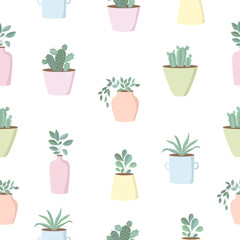 Vector seamless pattern with cute house plants in flower pots