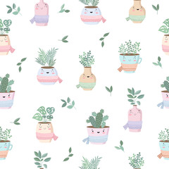 Vector seamless pattern with cute house plants in flower pots with scarf