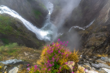 Naklejka na ściany i meble Landscape with waterfall, river and mountain, Norway.