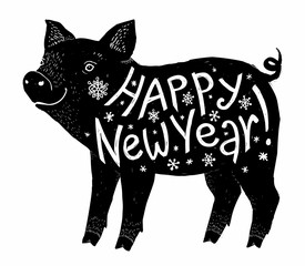 Black pig silhouette with white Happy New Year lettering inside, vector greeting card element