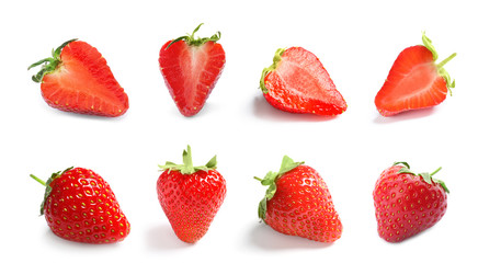 Set with delicious sweet strawberries on white background