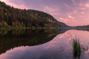 French landscape - Jura. View over the lake of Etival in the Jura mountains (France) at sunset.