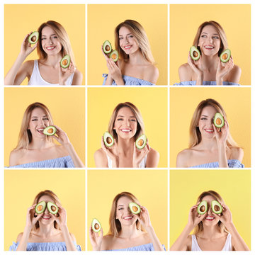Set with beautiful young woman and cut avocados on color background