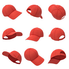 3d rendering of many red baseball caps hanging on a white background in different angles.