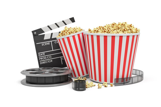 3d rendering of a video reel, popcorn buckets and a clapperboard on a white background.