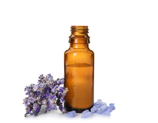 Bottle with aromatic lavender oil on white background