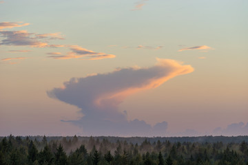 Clouds on sky on sunset over the foggy forest horizon in summer