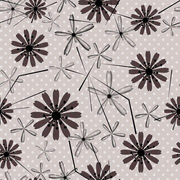 Seamless Retro Floral Pattern On Grey Polka Dot Background.