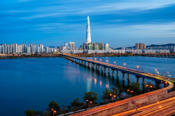 Sunset scene of Seoul downtown city skyline