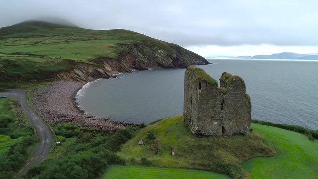 Aerial view of the Minard Castle situated on the Dingle Peninsula in Ireland
