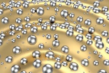 Silver or white gold platinum spheres over metal yellow wave background. Modeling 3d illustration. wealth rich mining bitcoin concept . Money growing business finance success clipart