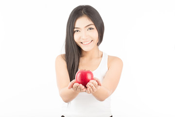 Beautiful Attractive Asian woman smile with white teeth and holding fresh red apple feeling so happiness and cheerful with Healthy skin,Isolated on white background,Beauty concept