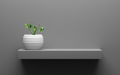 gray shelf with green potted plant on wall with light from the top © Tiler84