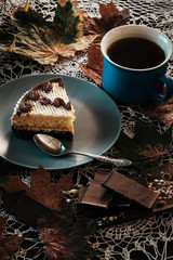 slice of cake with tea in autumn in the park