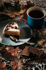 slice of cake with tea in autumn in the park