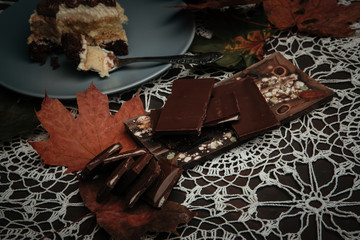 slice of cake with tea in autumn in the park