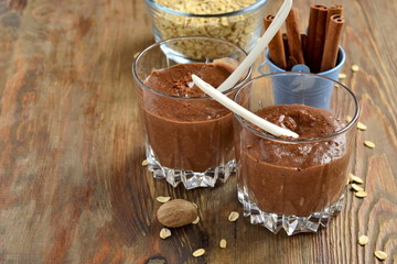 Delicious smoothie with cocoa and oatmeal,  copy space 
