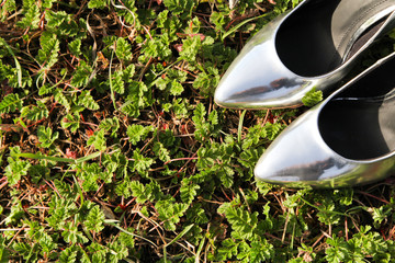 Close-up shot of Pair of Silver High Heel Shoes on green grass.