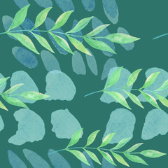 Seamless pattern cartoon watercolor. Green leaves on a background of blots