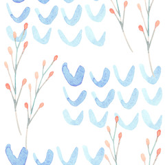 Seamless pattern cartoon watercolor. Autumn, harvest time. Twigs of a bush on a background of blue blots