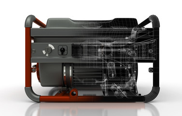 Generatore di corrente a benzina, rendering 3d, meccanica © LaCozza
