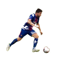 Soccer player running with ball, polygonal vector illustration. Side view. Footballer