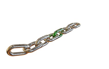Silver metal chain with green link 3D rendering