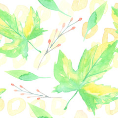 Fototapeta na wymiar seamless pattern cartoon watercolor. Autumn harvest time. Tree, maple leaves.