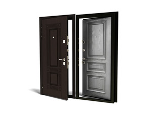 Concept outdoor armored open front door 3d render on white background with shadow