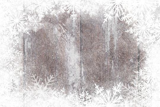Brown wooden table, snowy winter background, texture