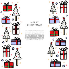 Christmas banner template with christmas tree and gifts around. Hand drawn vector illustration.
